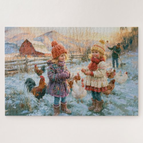Winter Farm Chickens Children Red Barn Painting Jigsaw Puzzle