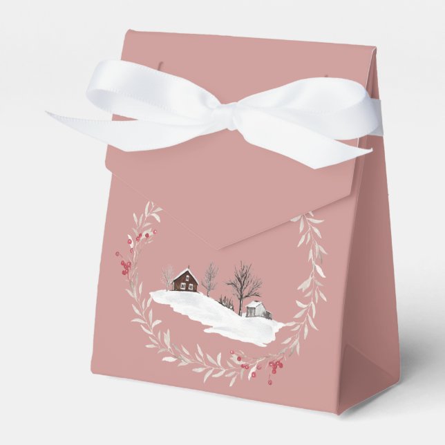 Winter Farm House Surrounded by Christmas Wreath Favor Boxes (Front Side)