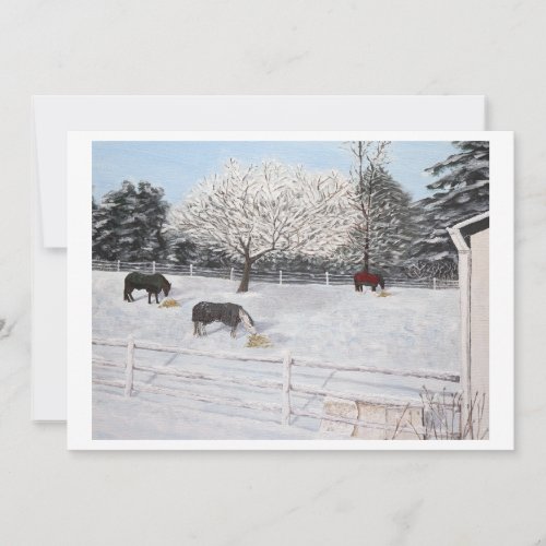 Winter Farm Scene with Horses Holiday Card