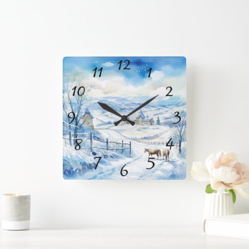 Winter Farm Scene With Mountains and Horses Square Wall Clock