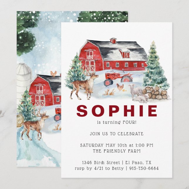 Winter Farm Theme | Barn Birthday Party Invitation (Front/Back)