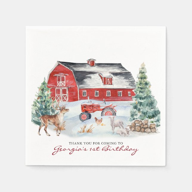 Winter Farm Theme | Barn Birthday Party Napkins (Front)