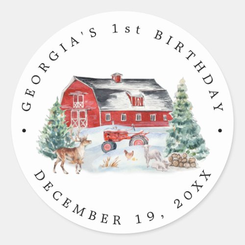 Winter Farm Themed Birthday Party Thank You Favor Classic Round Sticker