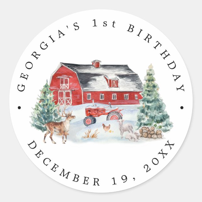 Winter Farm Themed Birthday Party Thank You Favor Classic Round Sticker (Front)