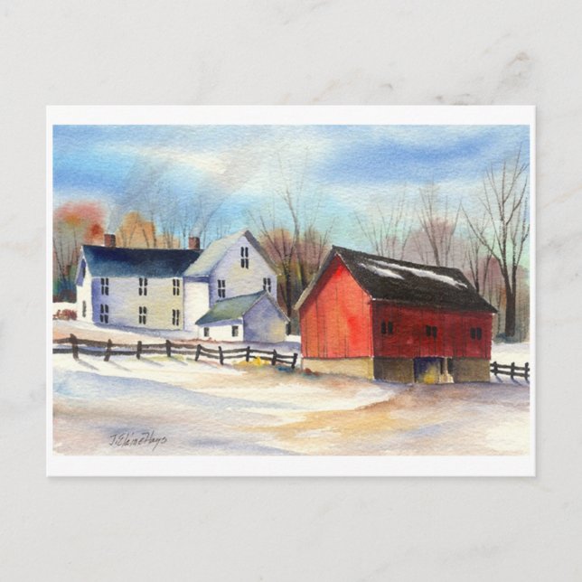 Winter Farmhouse & Red Barn Postcard (Front)