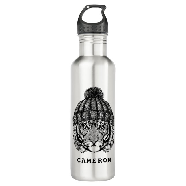 Winter Fashion Ready Tiger | Add Your Name Stainless Steel Water Bottle (Front)