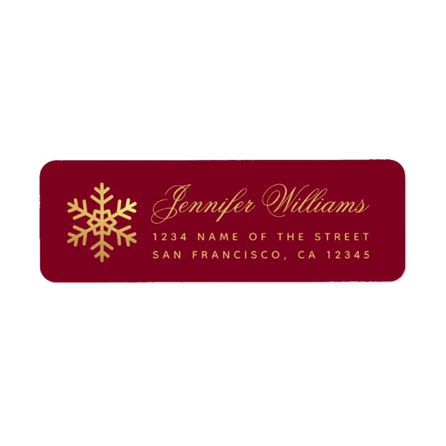 Winter Faux Gold Snowflake Elegant Script Burgundy Label (Front)