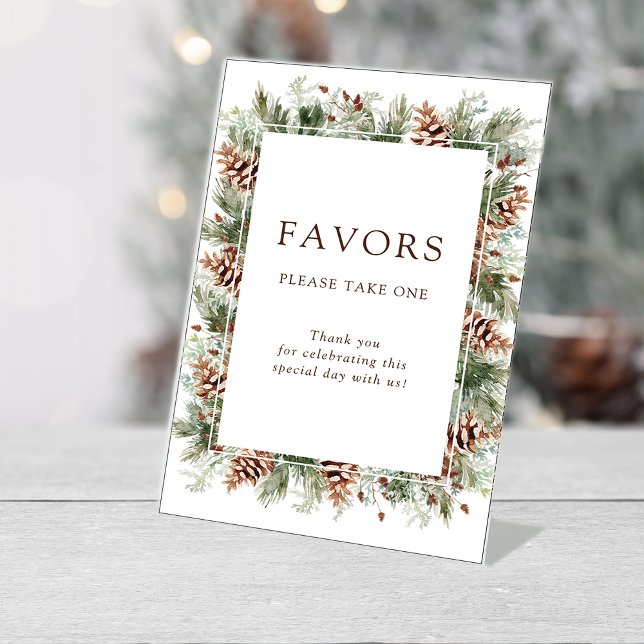 Winter Favors Wedding Pedestal Sign (Pinecone Floral Winter Favors Wedding Table Top Pedestal Sign by Painted Paperie
)