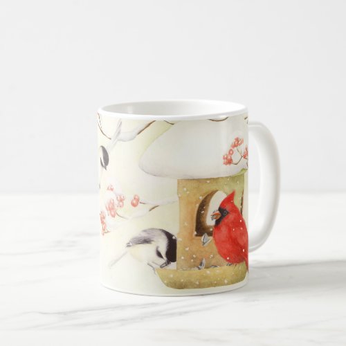 Winter Feeder Cardinal and Chickadees Mug