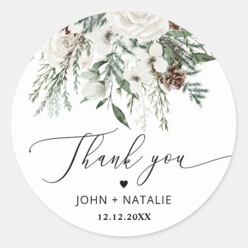 Winter festive foliage evergeen wedding classic round sticker