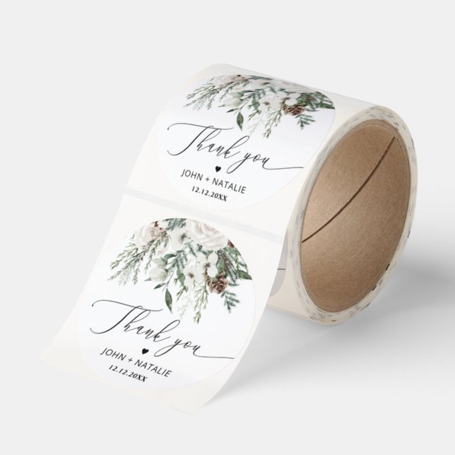 Winter festive foliage evergreen wedding classic round sticker (Roll)
