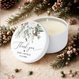 Winter festive foliage evergreen wedding mini candle favors