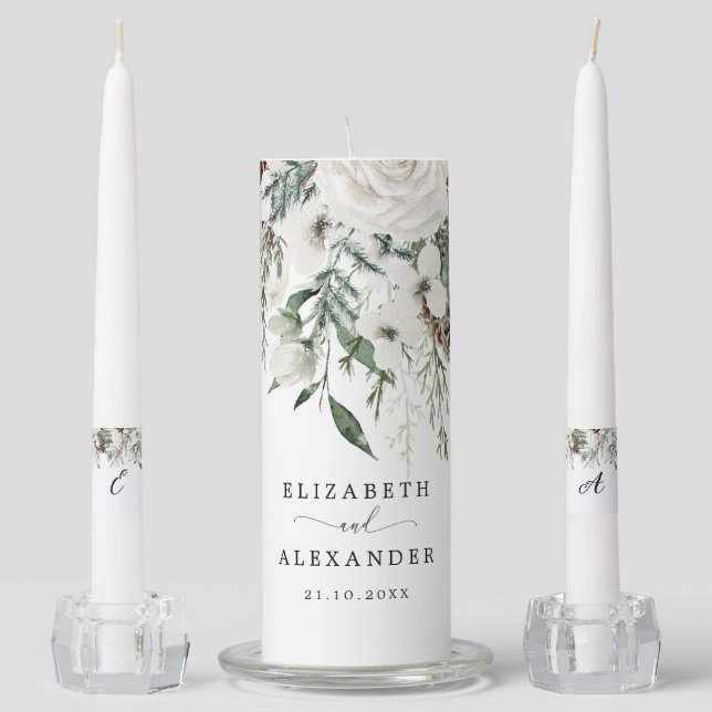 Winter festive foliage wedding unity candle set (Front)