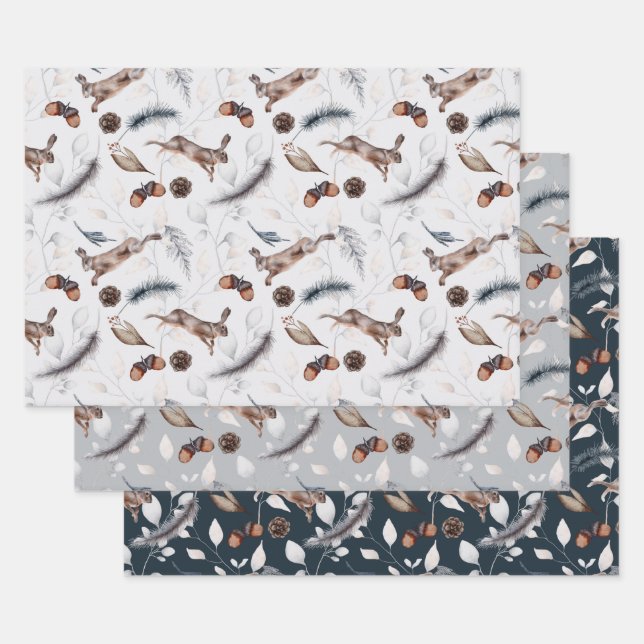Winter Festive Rabbits Wrapping Paper Sheets (Set)