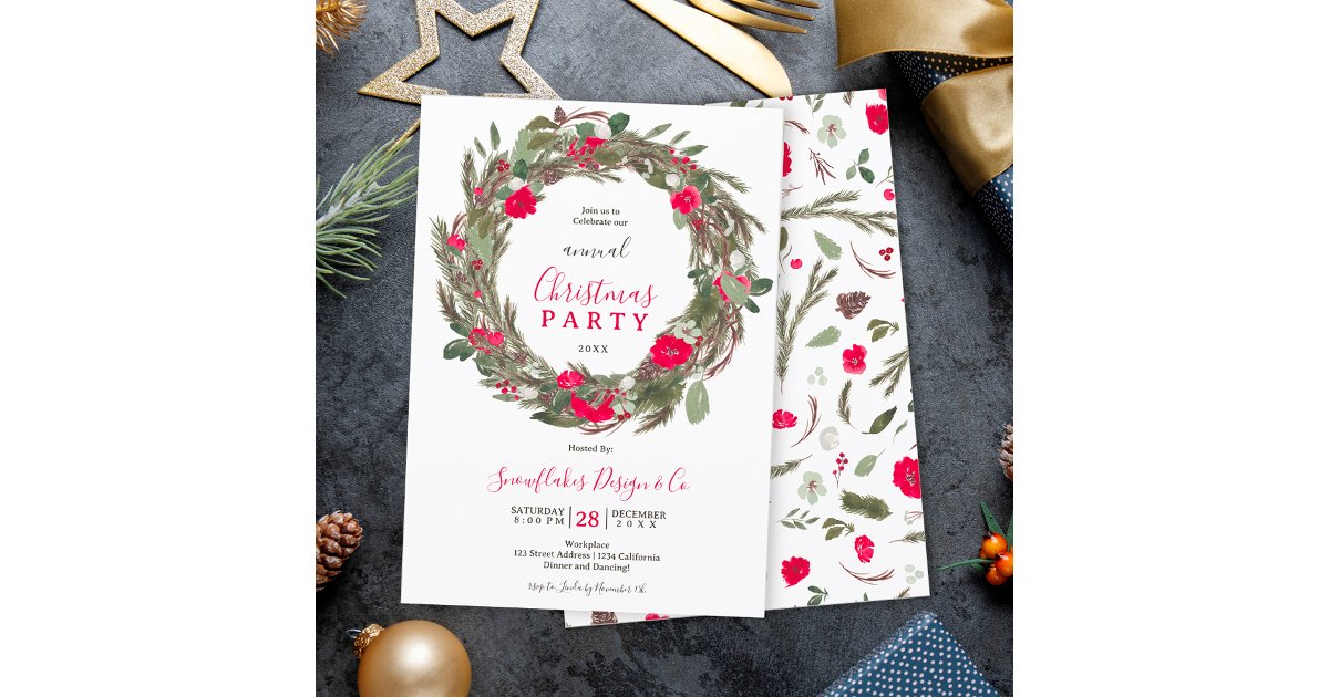 Winter festive wreath Christmas corporate party Invitation | Zazzle