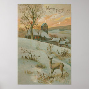 Winter Field Deer Church Snow Poster