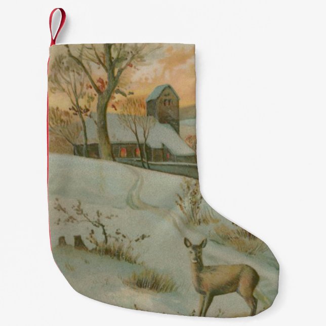 Winter Field Deer Church Snow Small Christmas Stocking (Front)