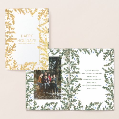 Winter Fir Branches Christmas | Holiday Photo Foil Card - Photo holiday greetings card "Happy Holidays" with the watercolor fir branches and snowflakes