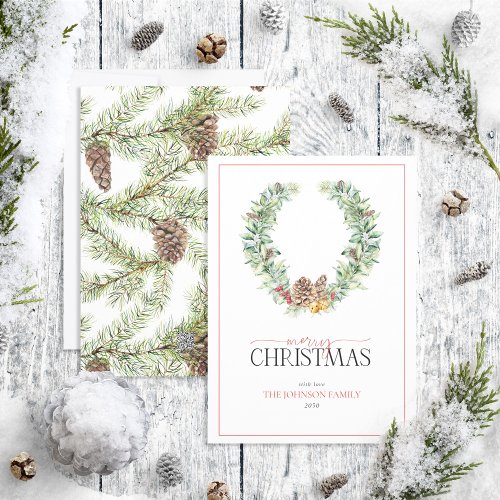 Winter Fir Cone Berry Wreath Merry Christmas Holid Holiday Card