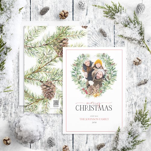 Winter Fir Cone Berry Wreath Merry Christmas Photo Holiday Card