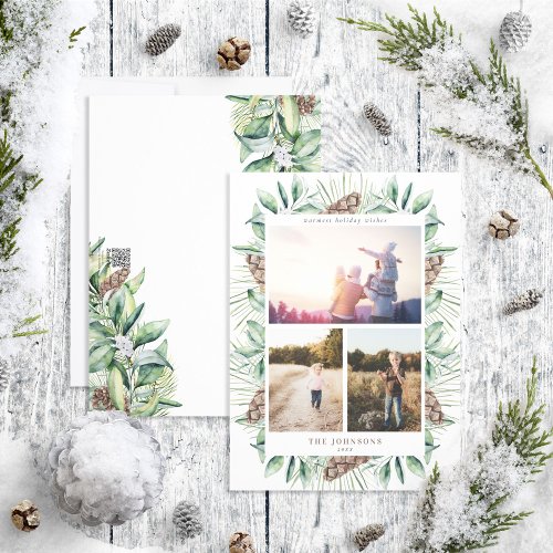 Winter Fir Cone Greenery 3 Photo Holiday Card