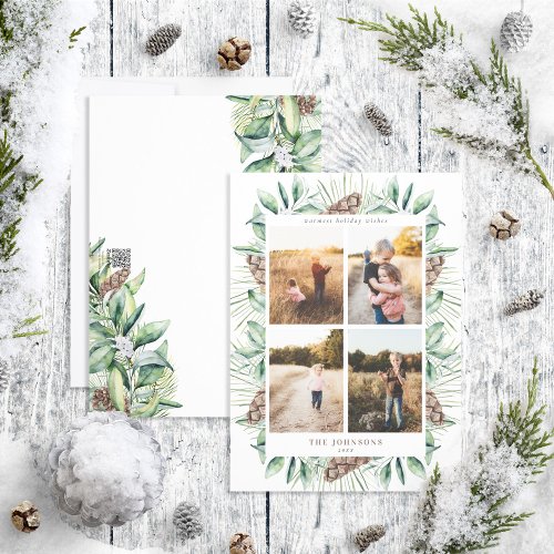 Winter Fir Cone Greenery 4 Photo Holiday Card
