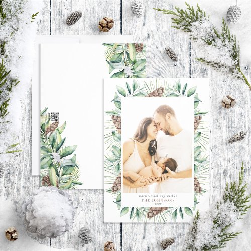 Winter Fir Cone Greenery Photo Holiday Card