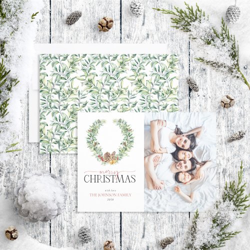 Winter Fir Cone Wreath Photo Holiday Card