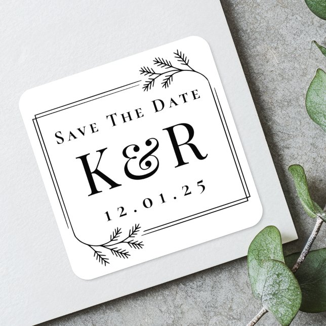 Winter Fir Frame Monogram Wedding Save the Date Square Sticker (Creator Uploaded)