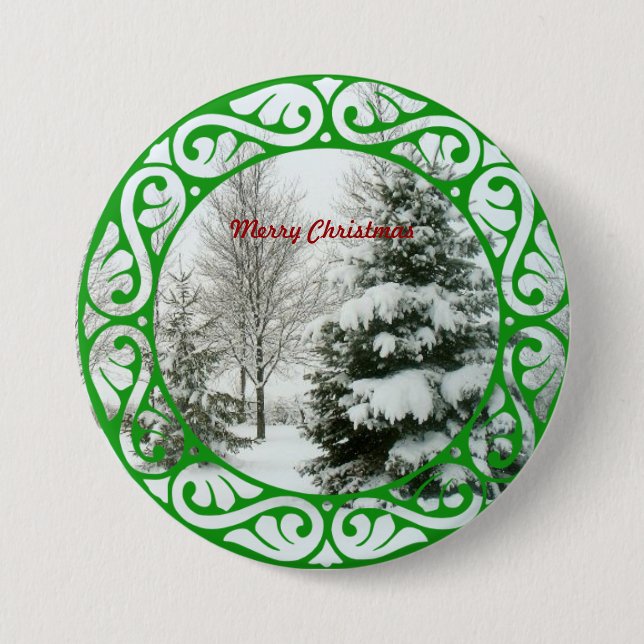 Winter Fir Trees, Merry Christmas Button (Front)