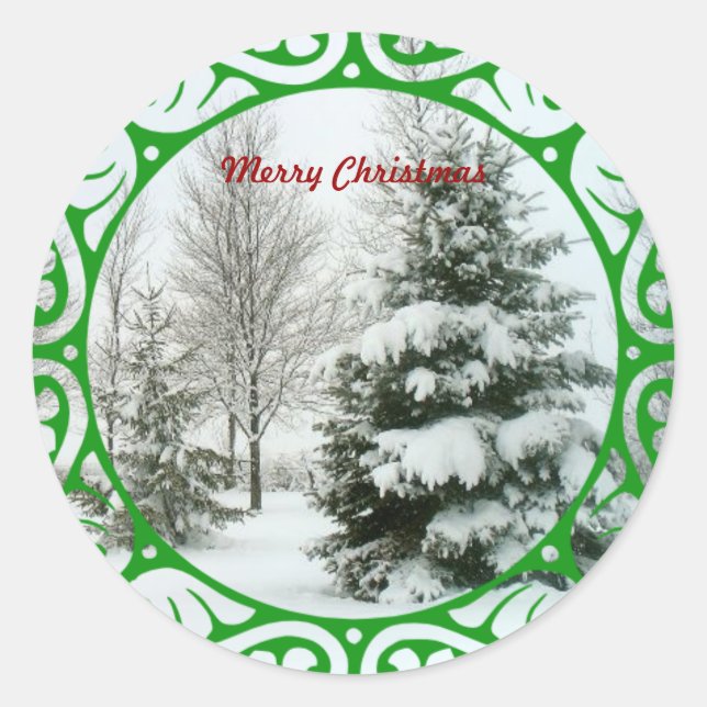 Winter Fir Trees, Merry Christmas Classic Round Sticker (Front)