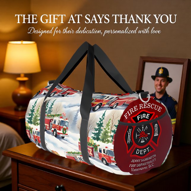 Winter Fire Truck Holiday Personalized Duffle Bag (Creator Uploaded)