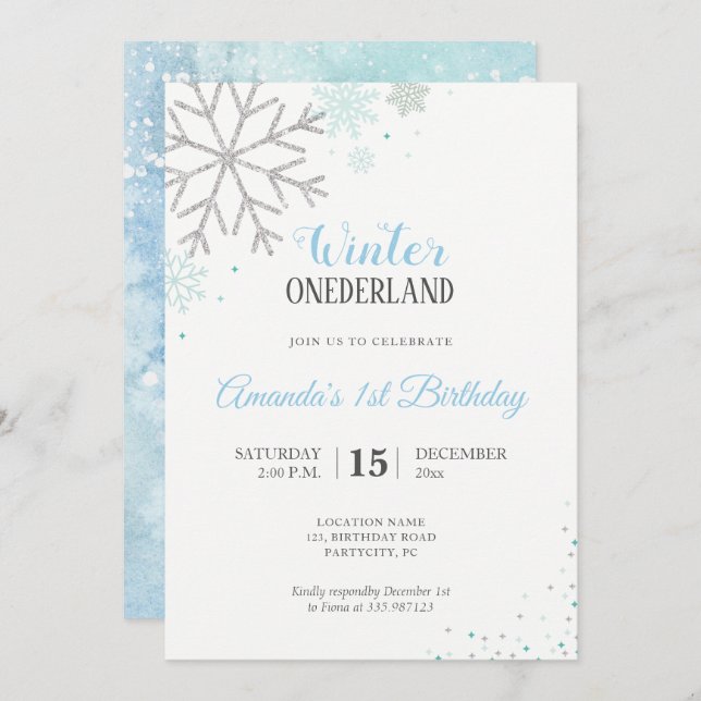 Winter first birthday Snowflakes Invitation (Front/Back)