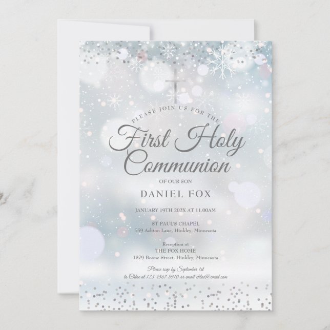 Winter First Holy Communion Silver Confetti Invita Invitation (Front)