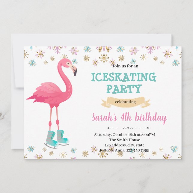 Winter flamingo ice skating party invitation (Front)