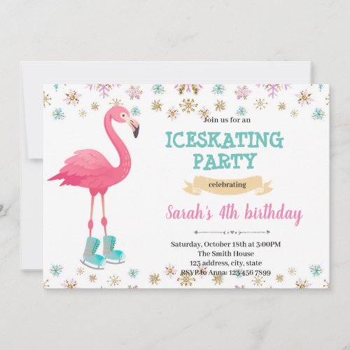 Winter flamingo ice skating party invitation