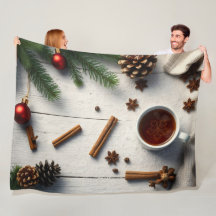 winter flat-lay composition, a steaming cup 