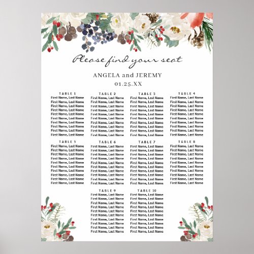Winter Floral 10 Tables Wedding Seating Chart