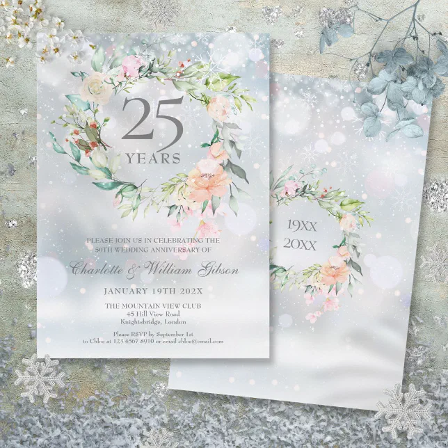 Winter Floral 25th Silver Wedding Anniversary Invitation
