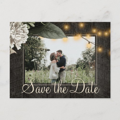 Winter floral and barn wood save the date wedding announcement postcard
