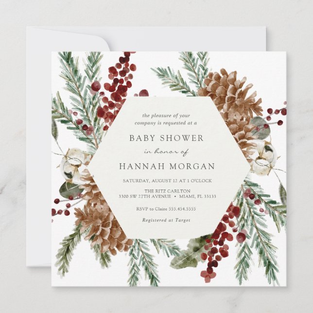 Winter Floral and Green Plaid Baby Shower Invitation (Front)