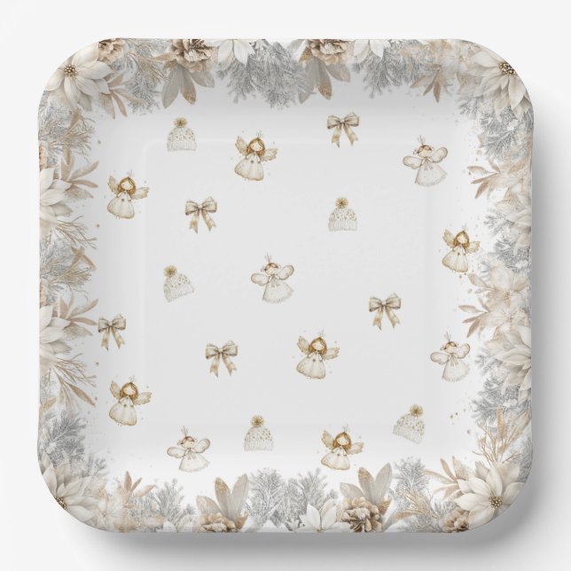 Winter Floral Angels Girl Baby Shower  Paper Plates (Front)