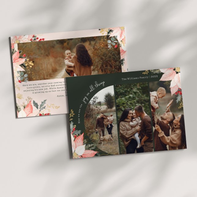 Winter Floral Arch Beige Joy In All Things 4 Photo Holiday Card (Creator Uploaded)