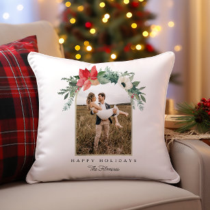 Winter Floral Arch Happy Holidays Photo Throw Pillow
