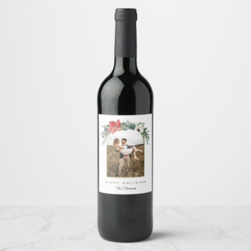 Winter Floral Arch Happy Holidays Photo Wine Label
