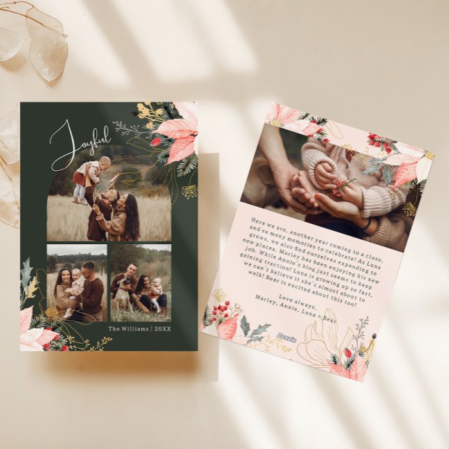 Winter Floral Arch Joyful Four Photo Christmas  Holiday Card (Creator Uploaded)