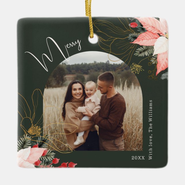 Winter Floral Arch Merry Christmas Holiday Ceramic Ornament (Front)