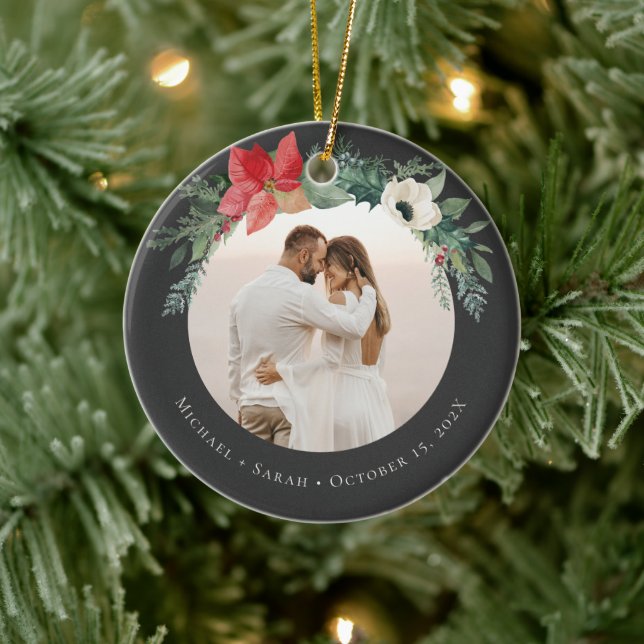 Winter Floral Arch Merry Christmas Photo Ceramic Ornament (Tree)