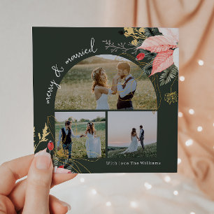 Winter Floral Arch Merry & Married Three Photo Holiday Card