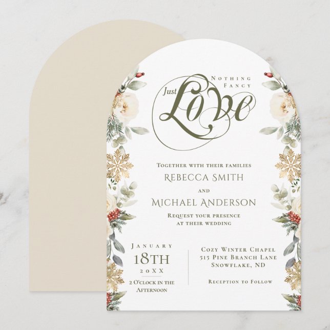 Winter Floral Arch Nothing Fancy Just Love Wedding Invitation (Front/Back)